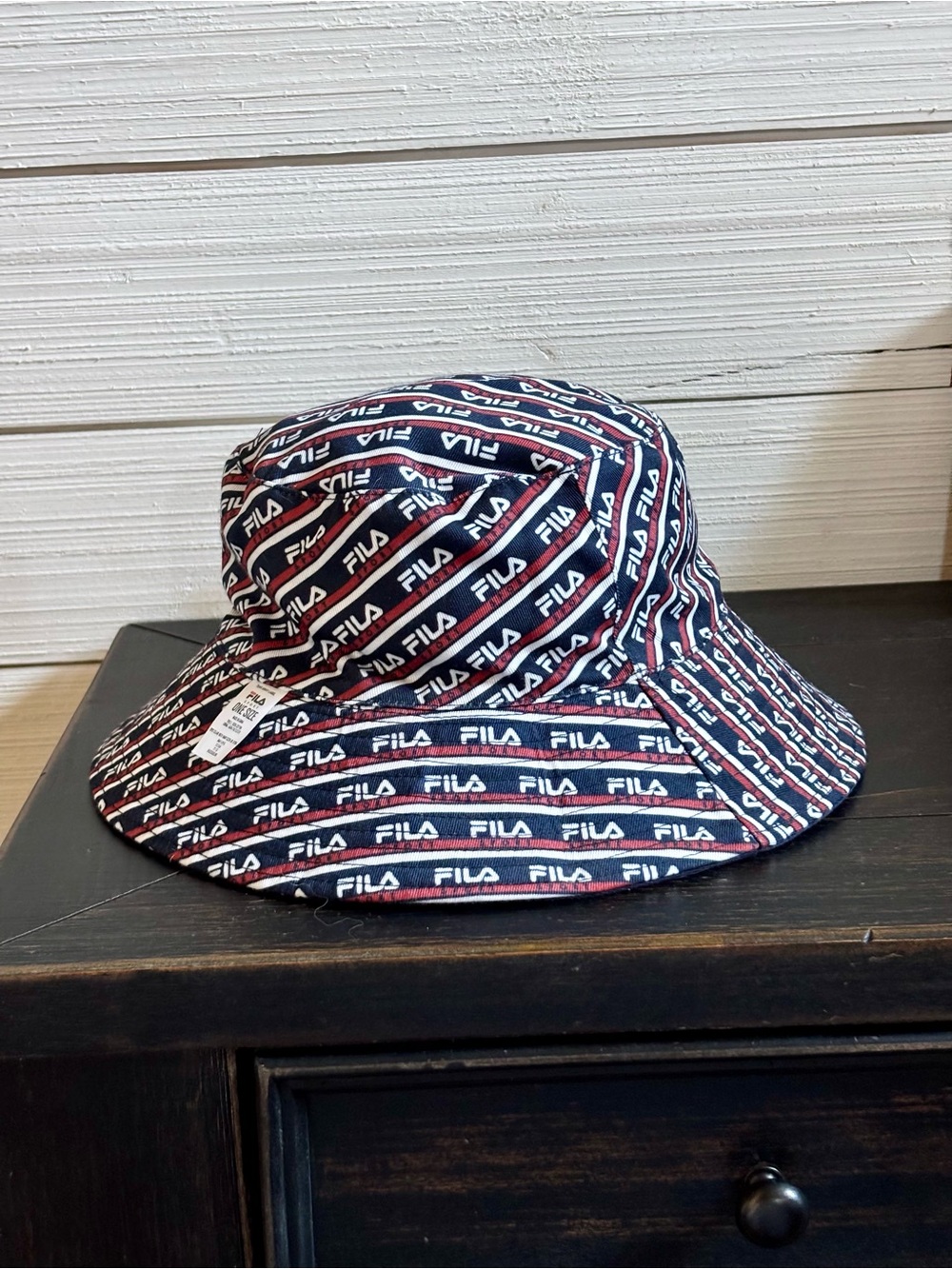 FILA Sport Logo AOP Bucket Hat One Size Reversible Navy Red White Retro Sporty